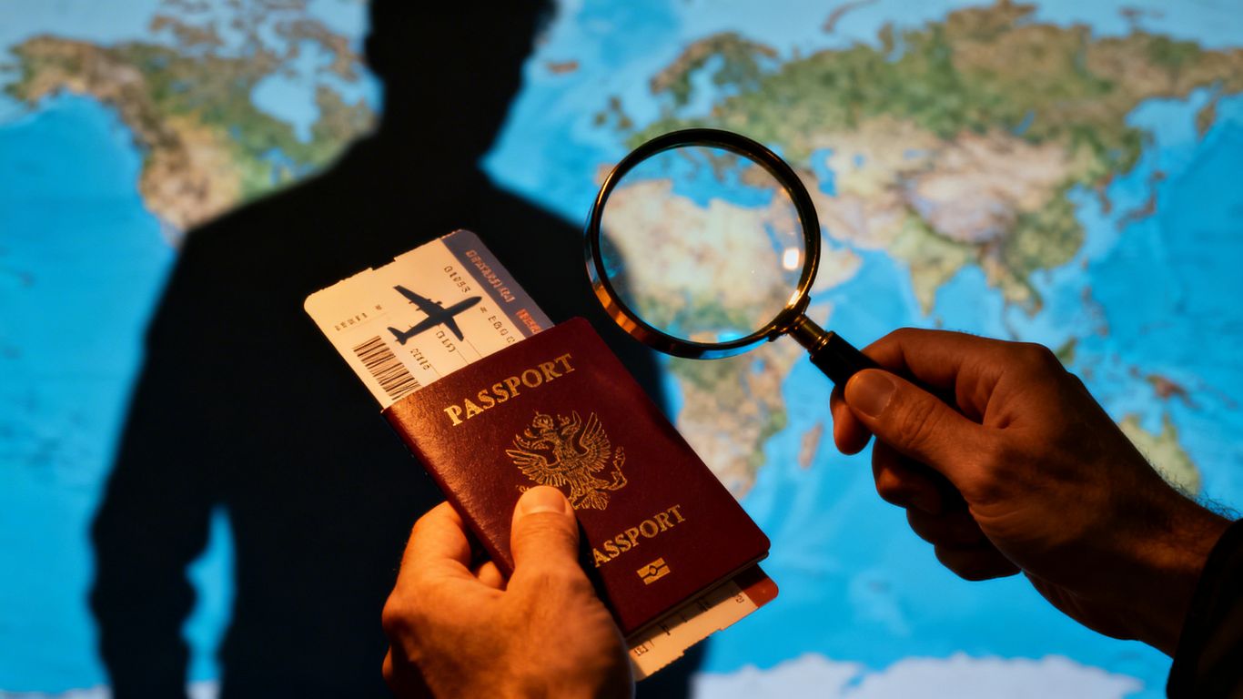 Travel scam warning with magnifying glass and shadowy figure.
