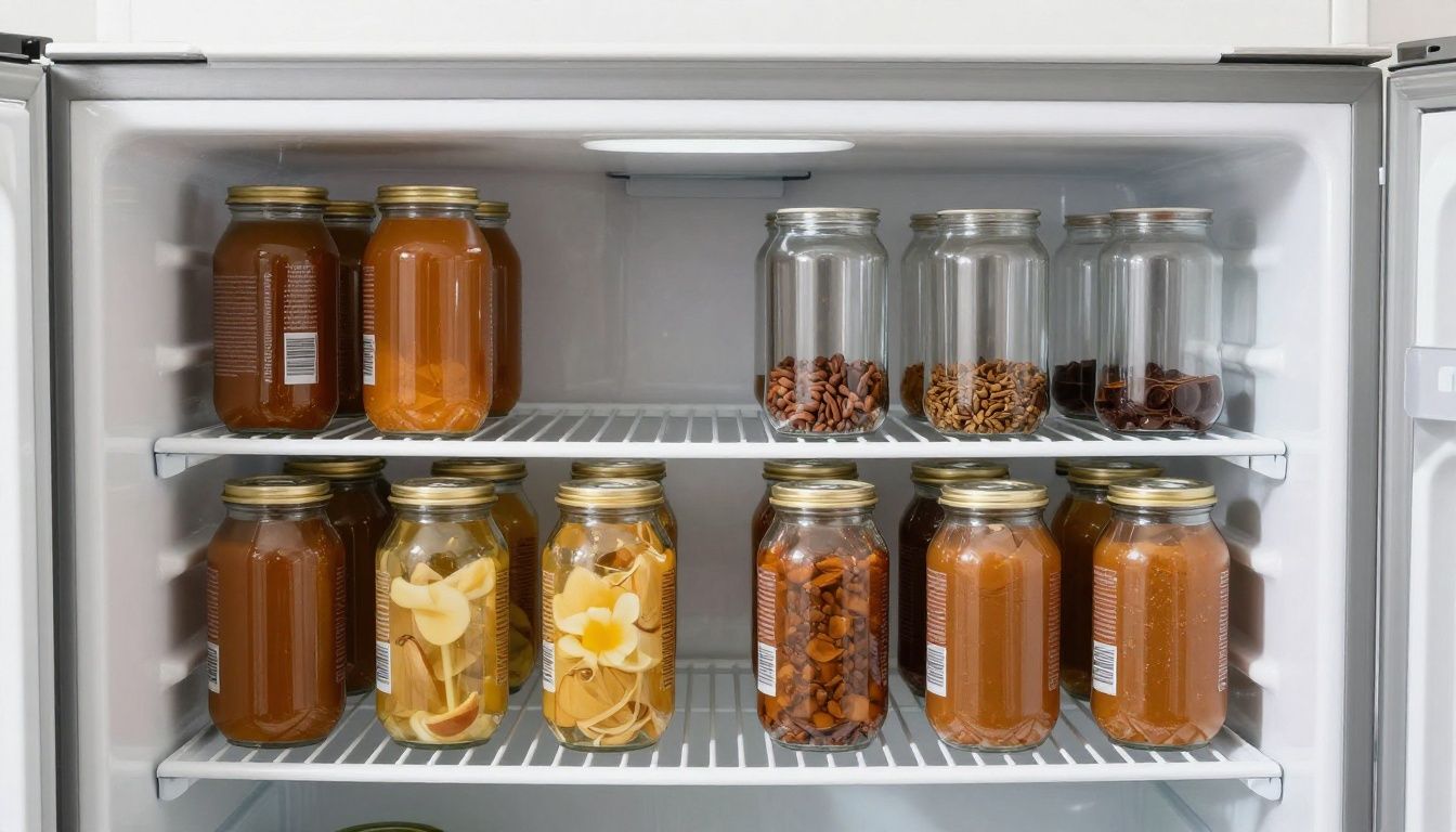 A side-by-side comparison of a fridge with default shelf spacing wasting space above cans, and one with shelves adjusted perfectly to fit cans and tall bottles.