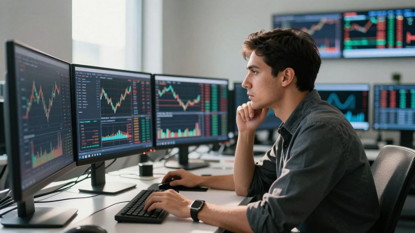 Trader focused on multiple screens in a bright office.