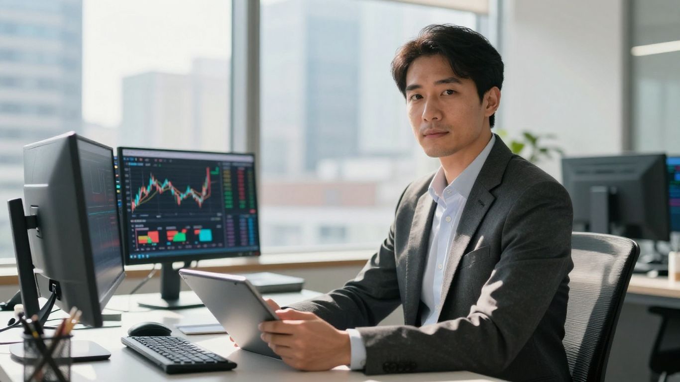 Stock market broker in office with city view.