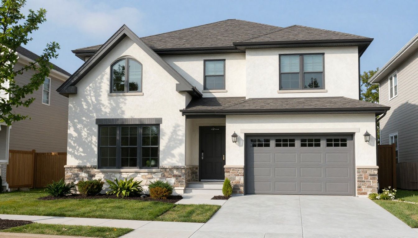 A clean, modern home exterior featuring high-quality, durable stucco finish in a suburban Chicagoland neighborhood setting