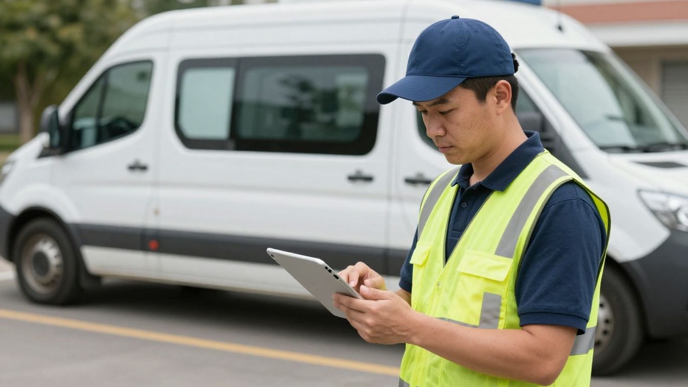 Field service technician using a tablet outdoors.