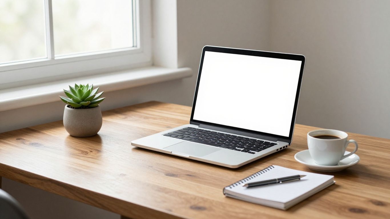A clean minimalist laptop set up on wooden table