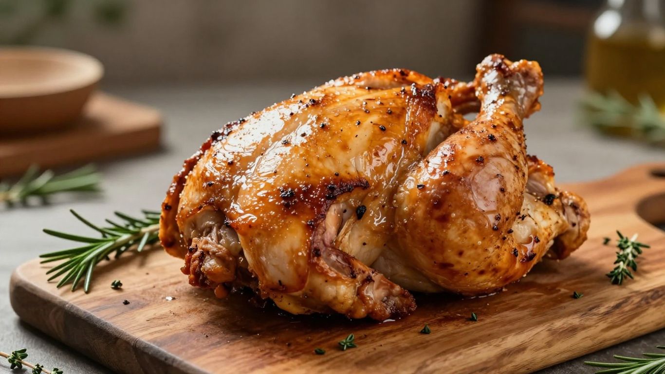 Cooked chicken breast on a wooden board with herbs.
