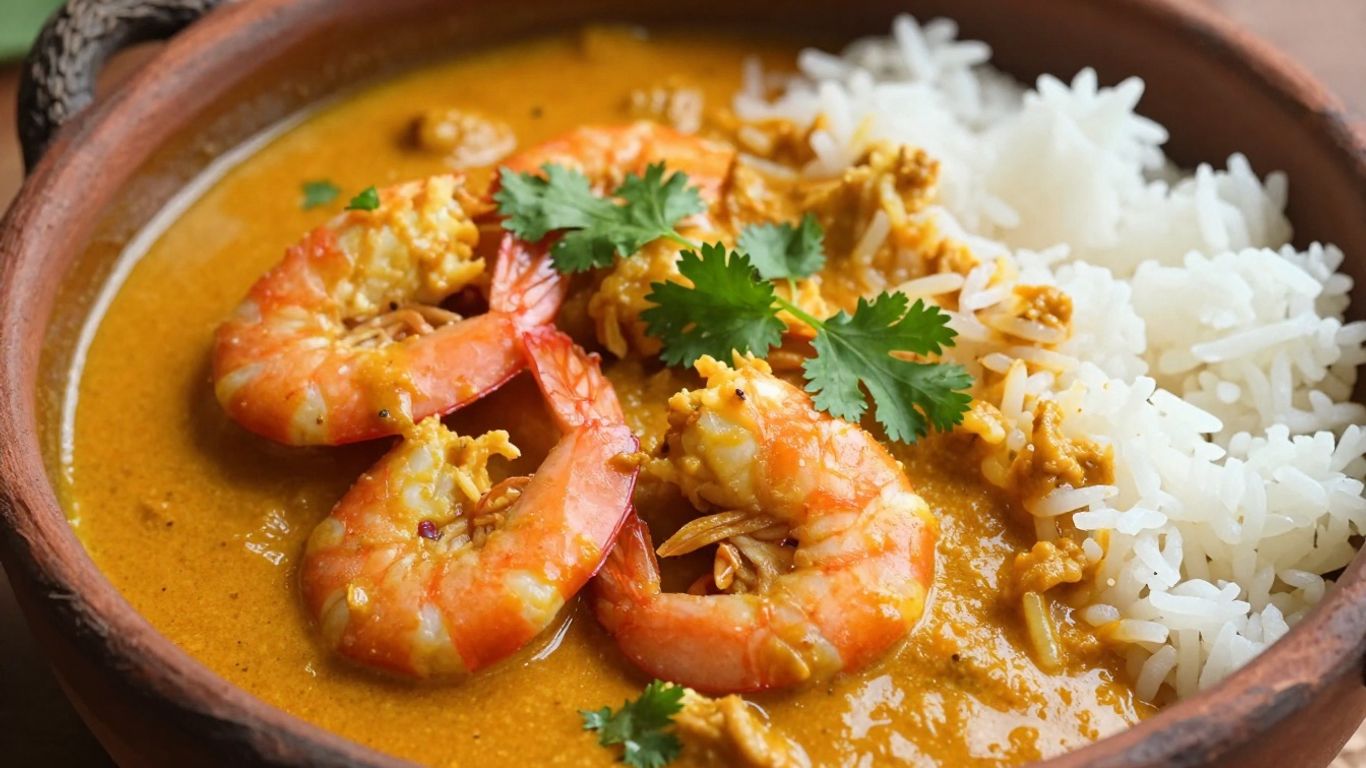 Goan shrimp curry in a bowl with rice.