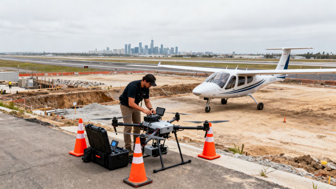 Drone crew preparing safe airport-area operation