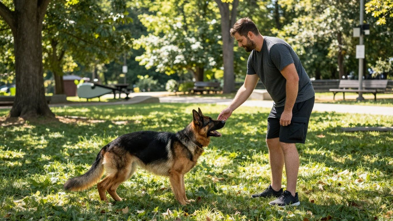 Dog training session in a park with handler.