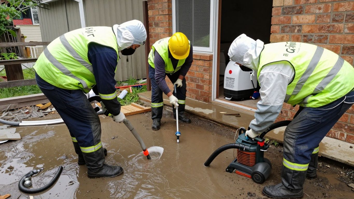 Flood restoration professionals cleaning water-damaged property interior.