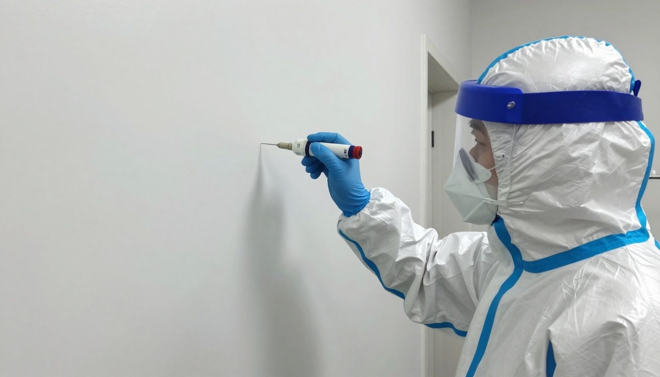 A technician in a hazmat suit carefully applying an antimicrobial treatment to a cleaned and prepared wall surface.