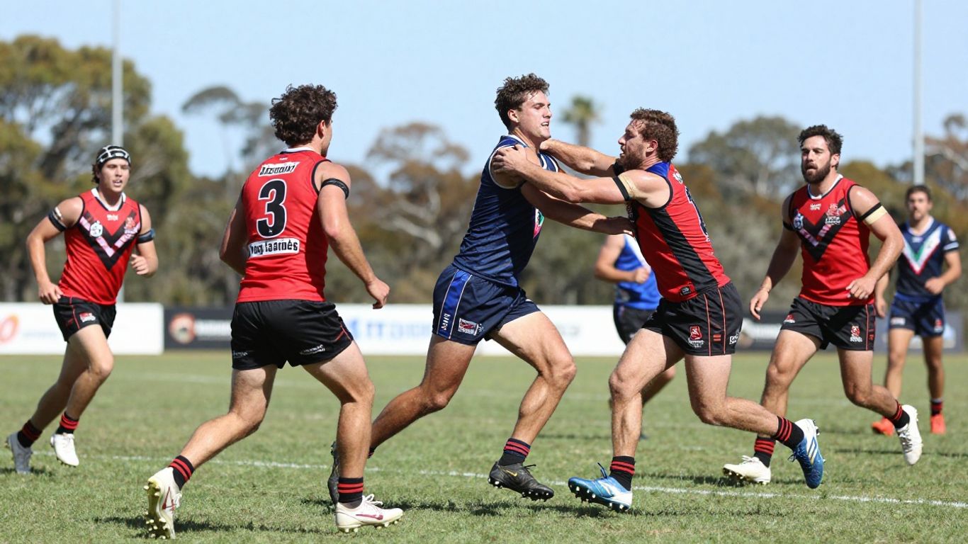 Oztag players in action on a grassy field.