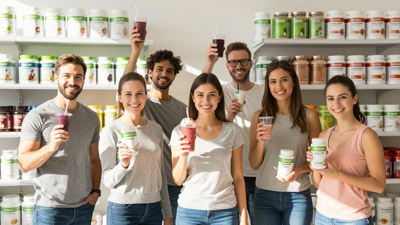 Herbalife products and happy people in a store.
