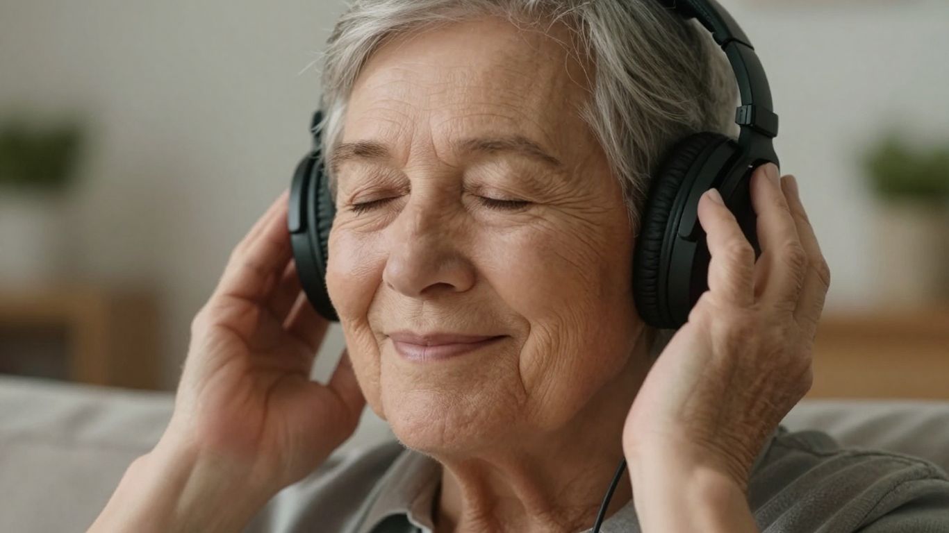 Elderly person enjoying music with headphones, looking peaceful.