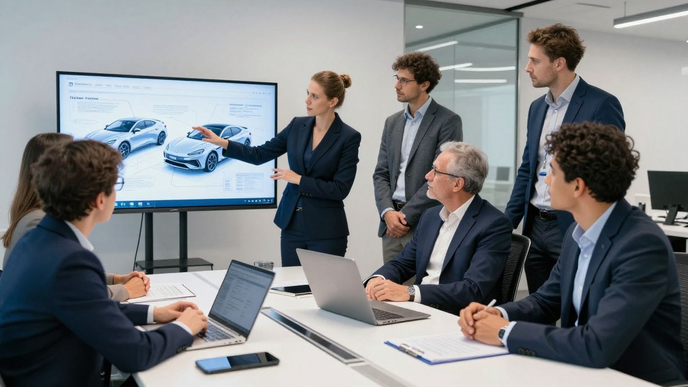 Automobilbranche im Wandel: Menschen arbeiten an neuen Technologien.