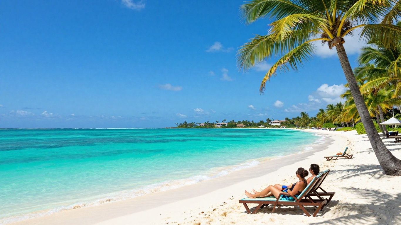 Couple relaxing on a tropical beach with palm trees.