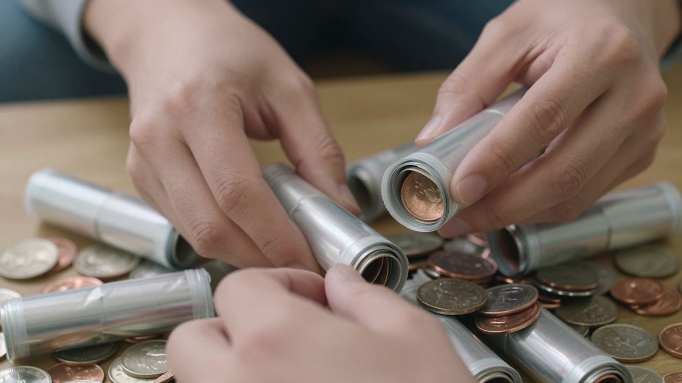 Hands sorting through coin rolls, revealing shiny coins.