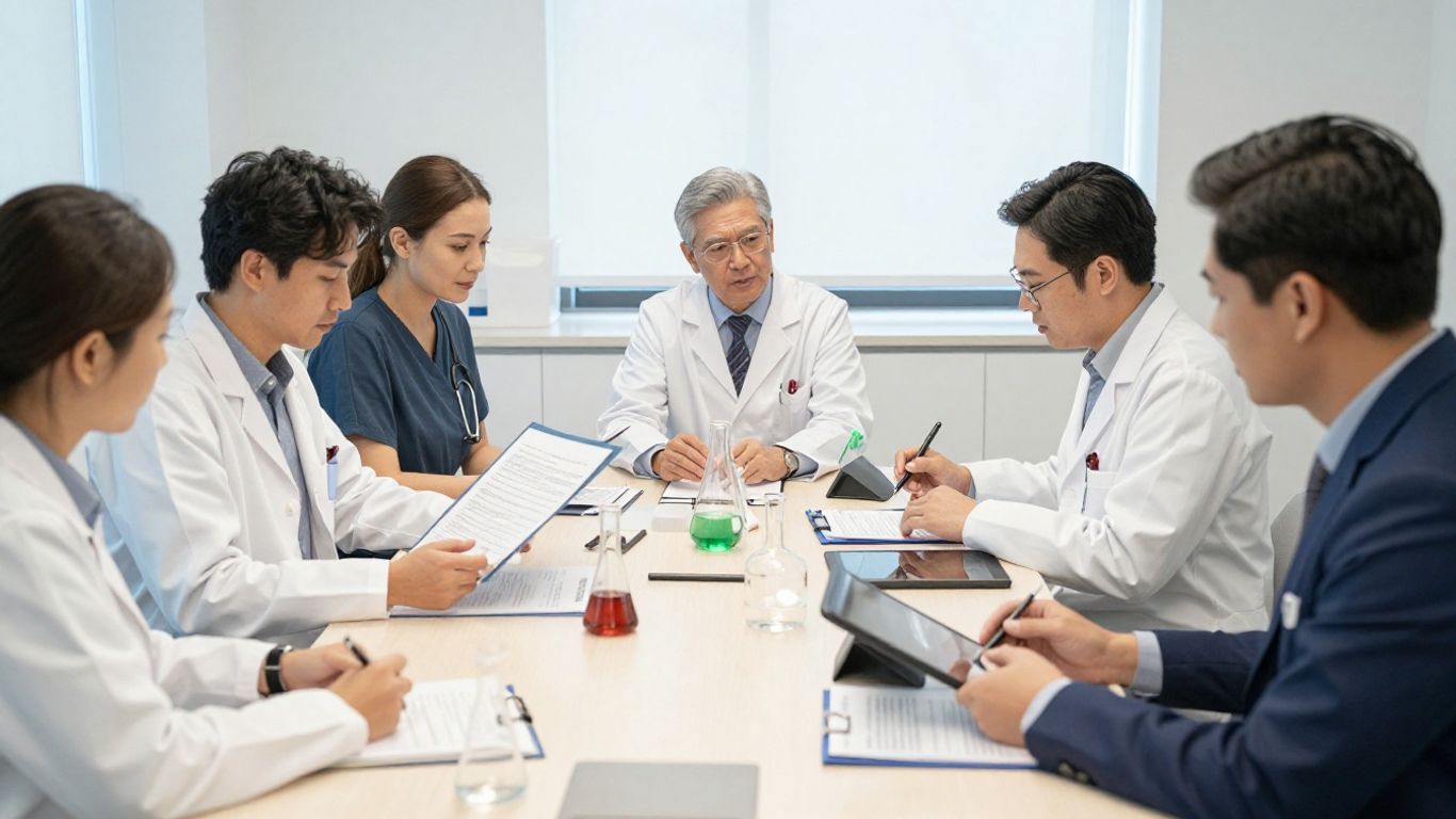 Clinical research team reviewing trial plans