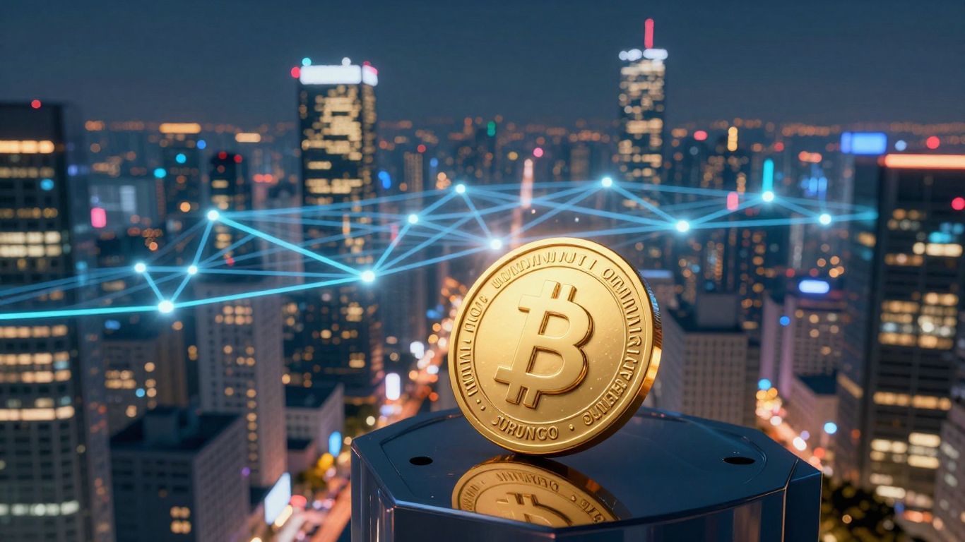 Tokenized assets connecting a digital cityscape.