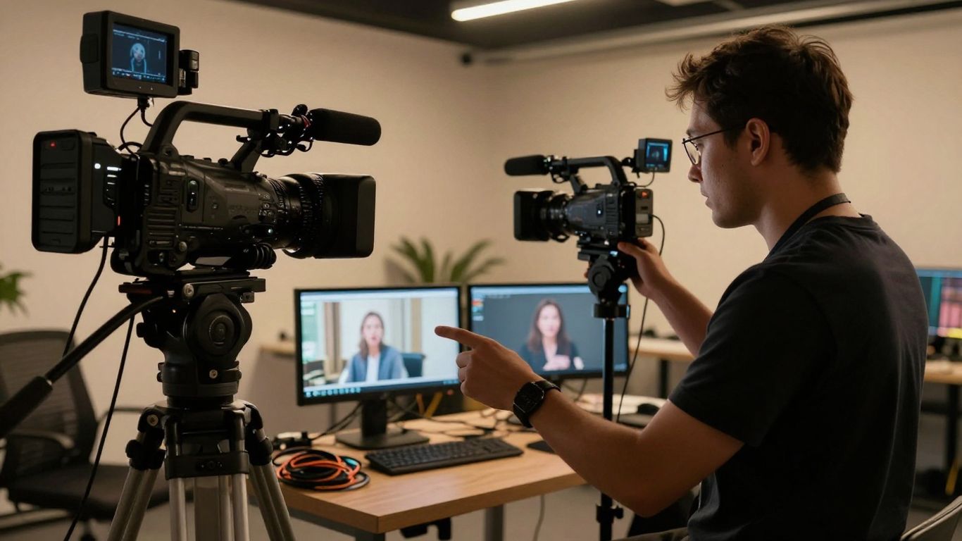 Producer checking cameras before a live broadcast