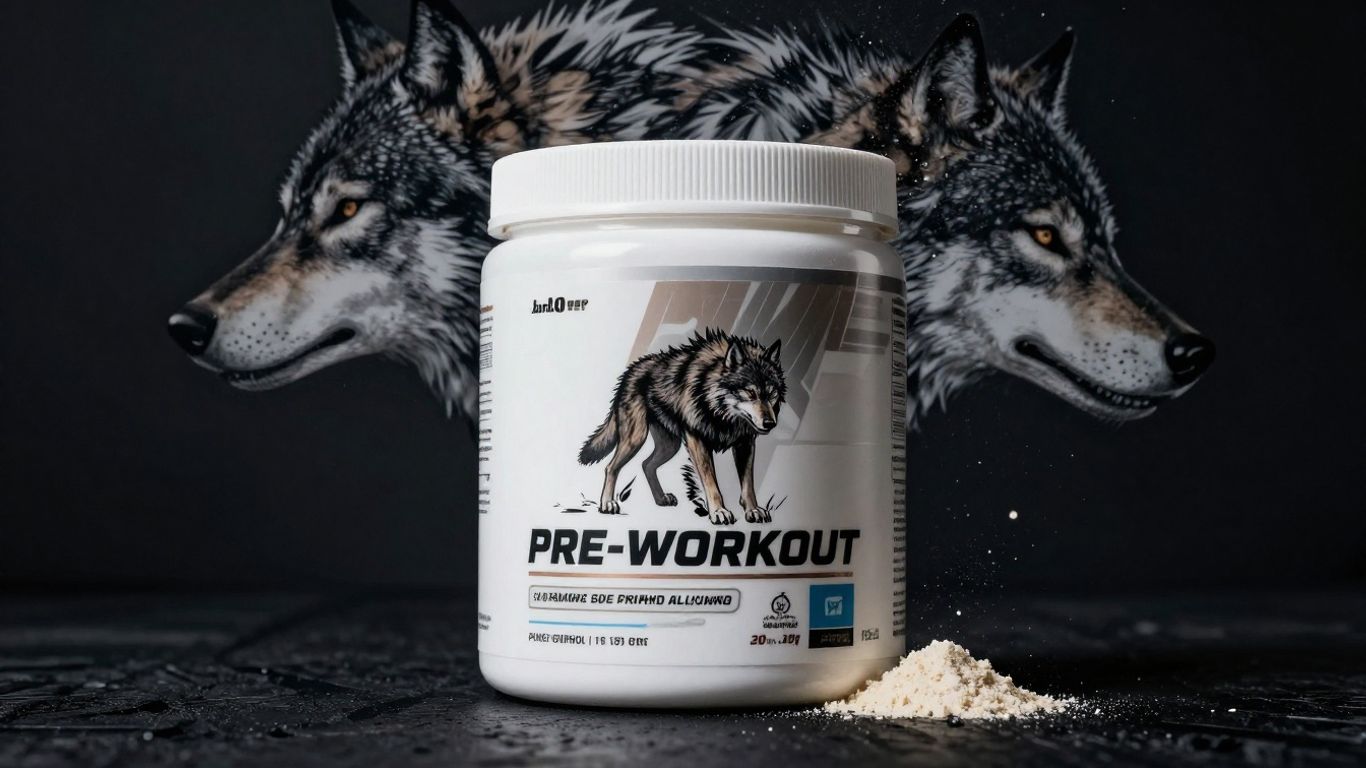 Black Wolf Pre Workout supplement bottle with energetic background.