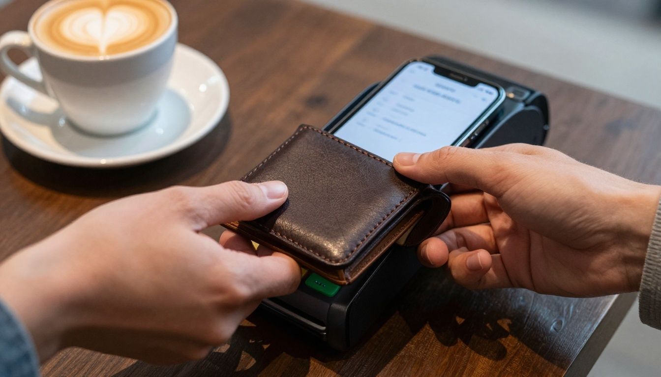 A person in a Melbourne cafe paying for their coffee by tapping their iPhone 15 in a dark leather wallet case on the payment terminal.