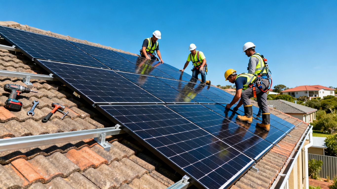 A team of engineers installing rooftop solar panels