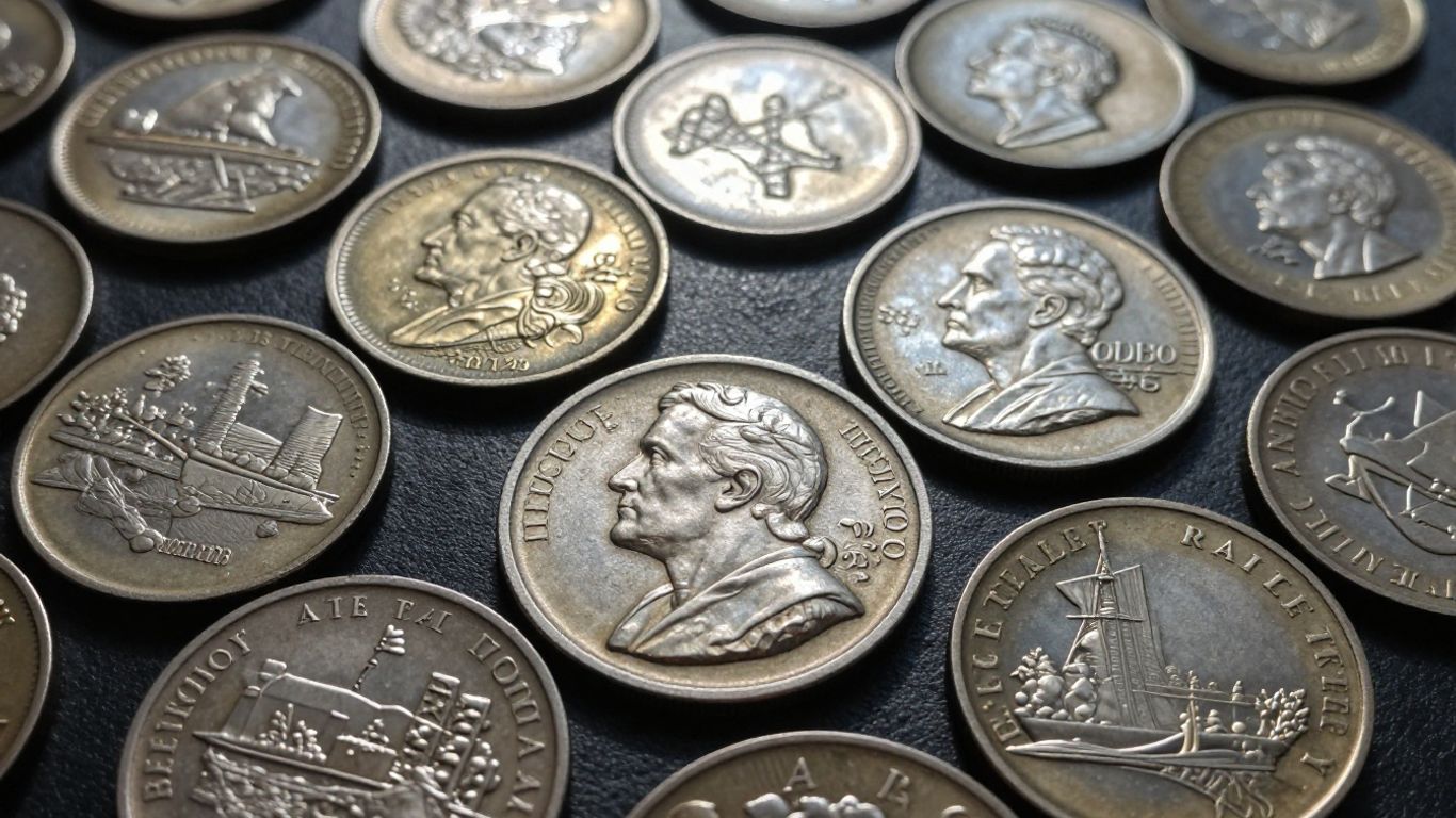 Exonumia coins and tokens displayed for sale.