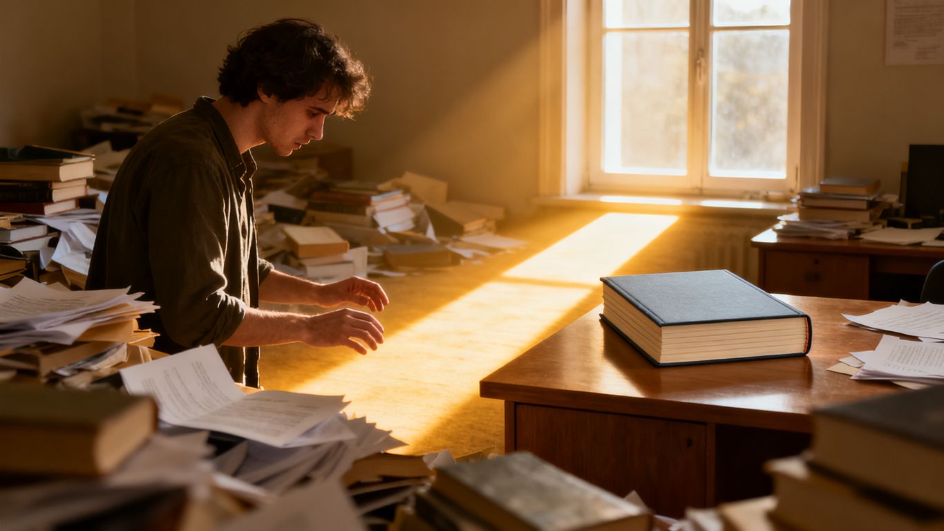 Confused person surrounded by learning materials finds clarity.