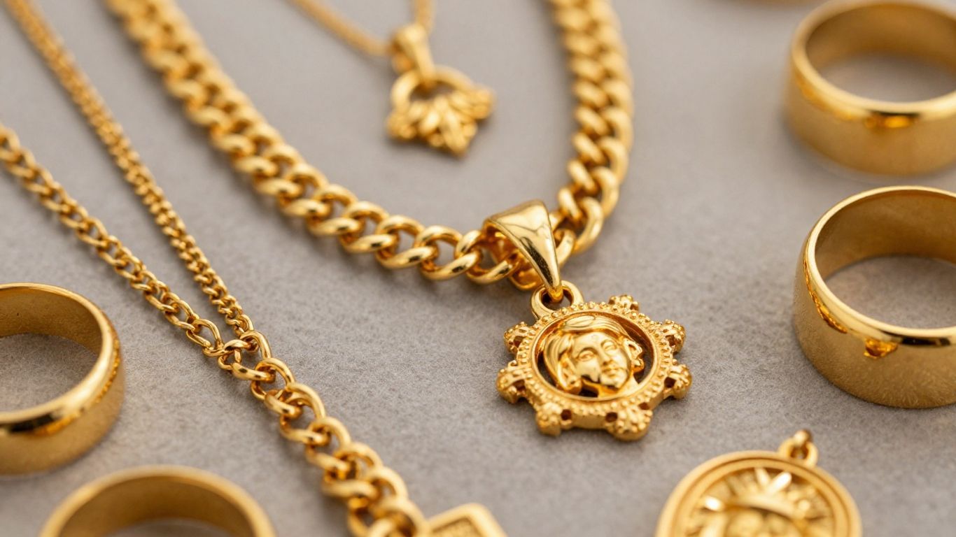 Close-up of shiny 18K and 22K gold jewellery