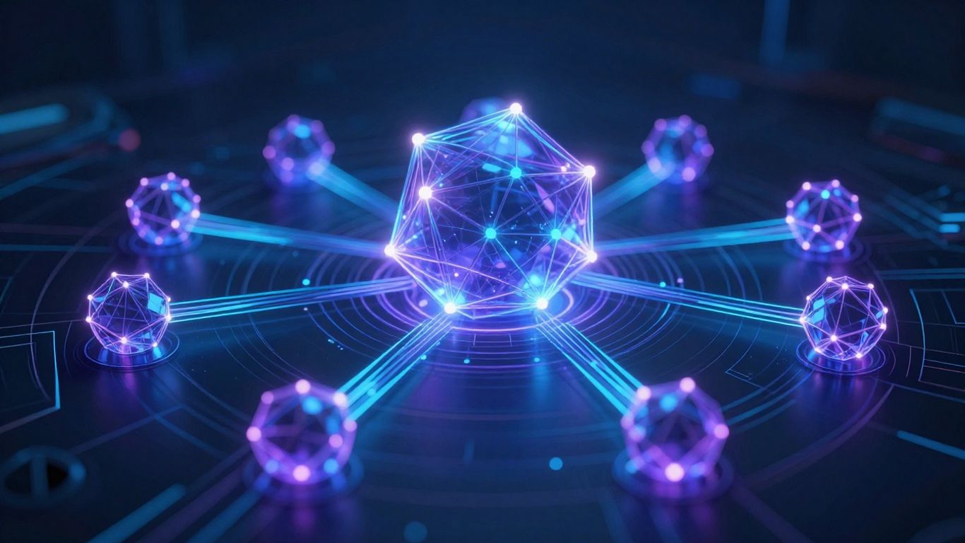 Futuristic blockchain network with glowing data streams.