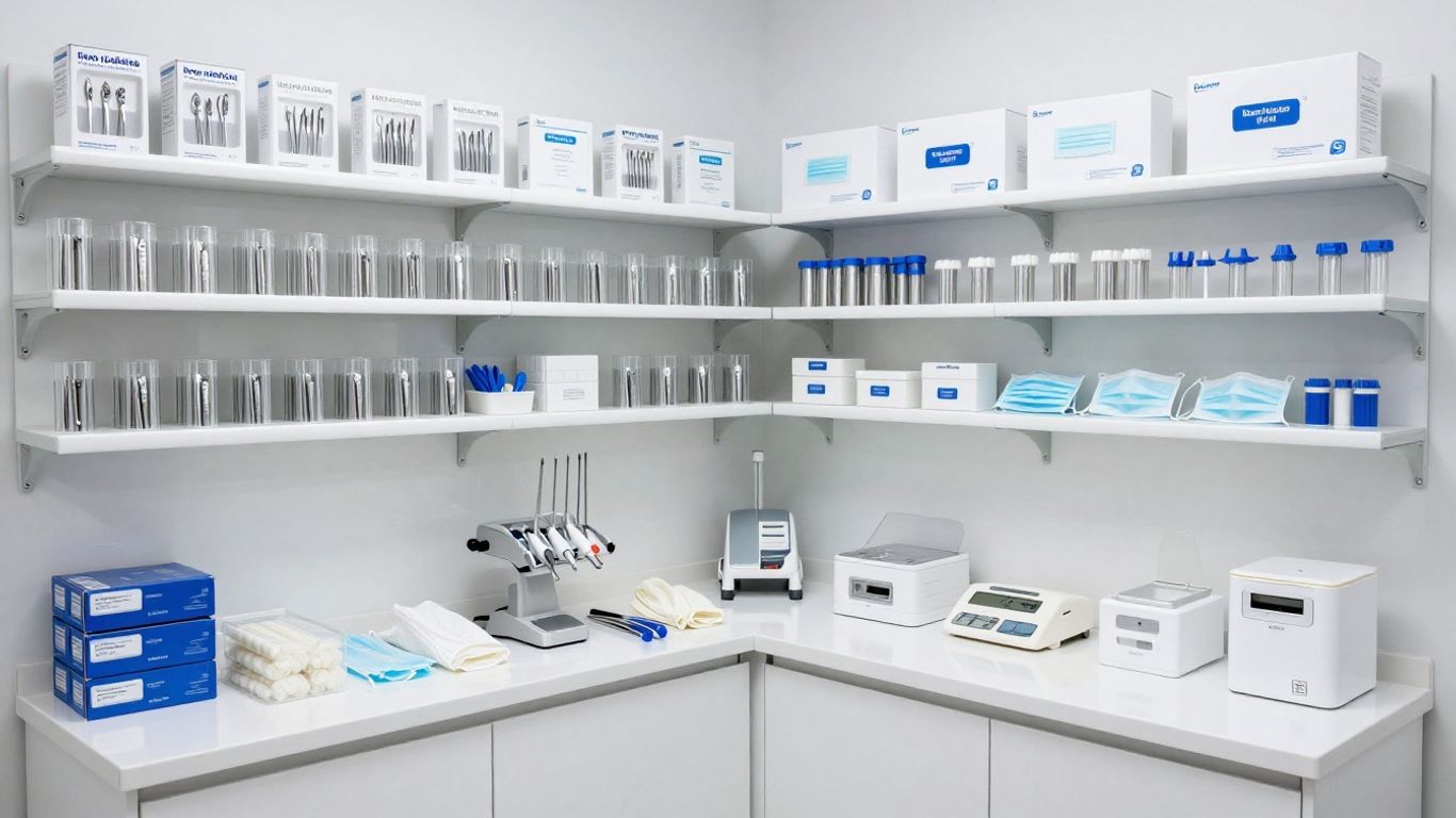 Dental supply shelves in a Kuwait clinic