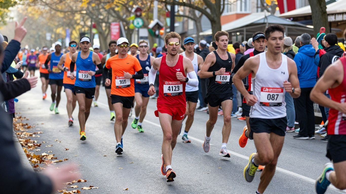 Runners in marathon on city street with autumn leaves.