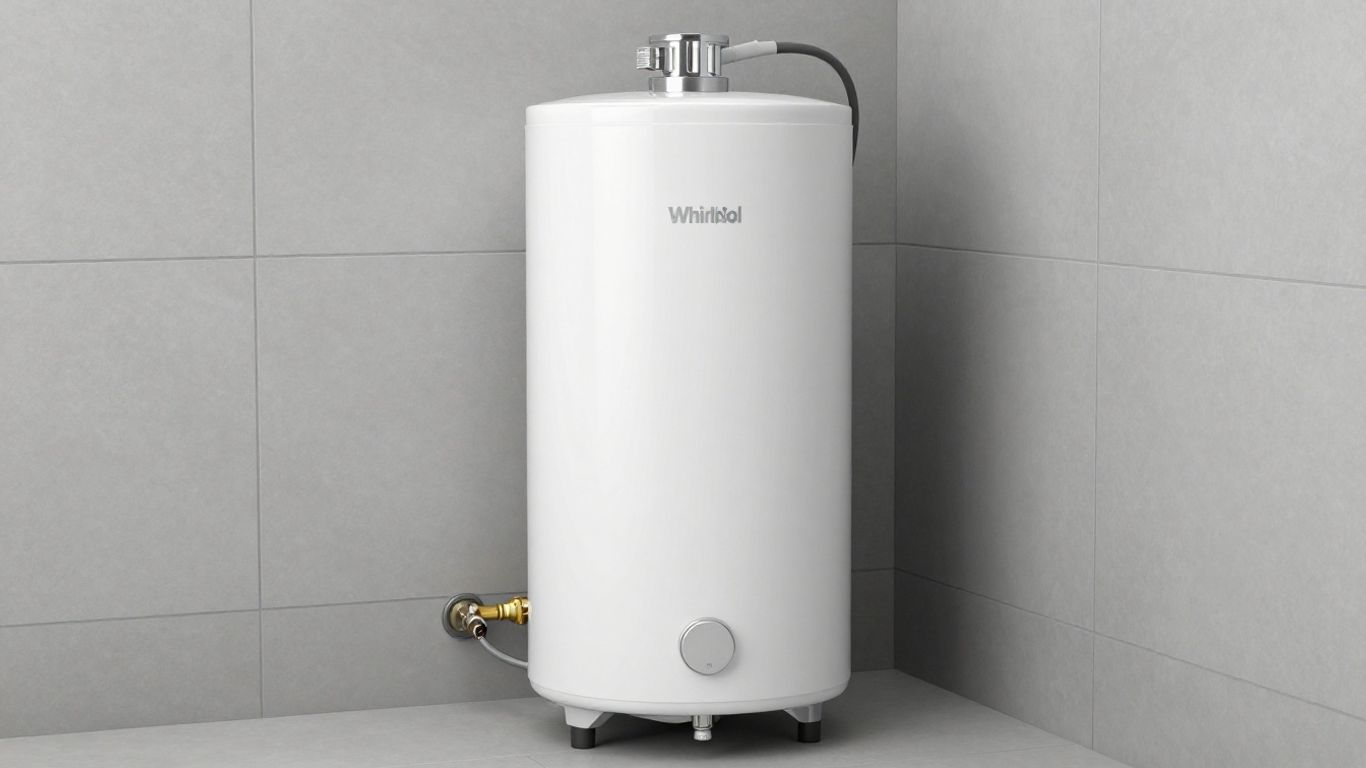 Whirlpool 40-gallon gas water heater in a home setting.