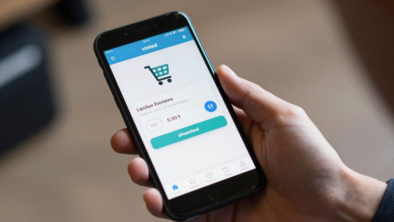 Vinted app on a smartphone with shopping cart and price tag.
