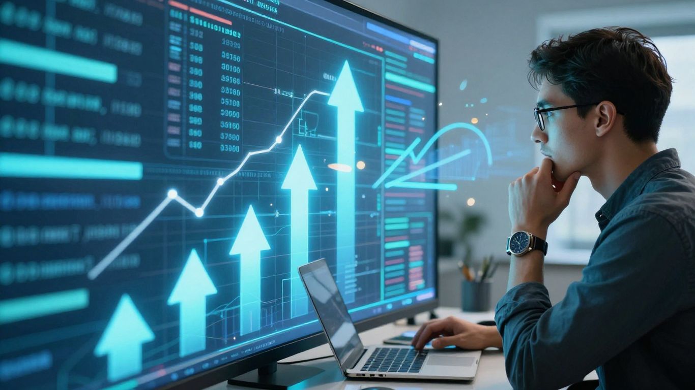 Crescimento digital com setas e estratégia.