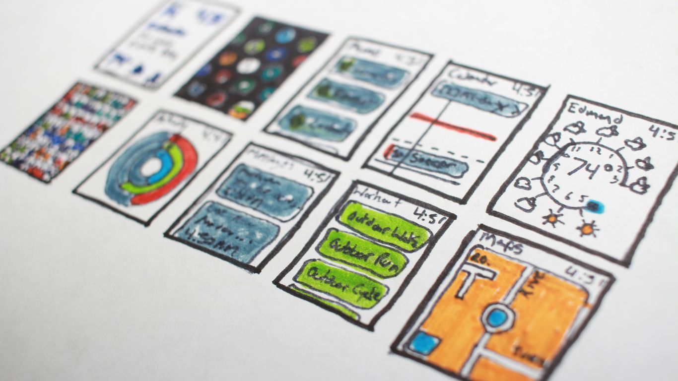 drawings of smartphone application screenshots