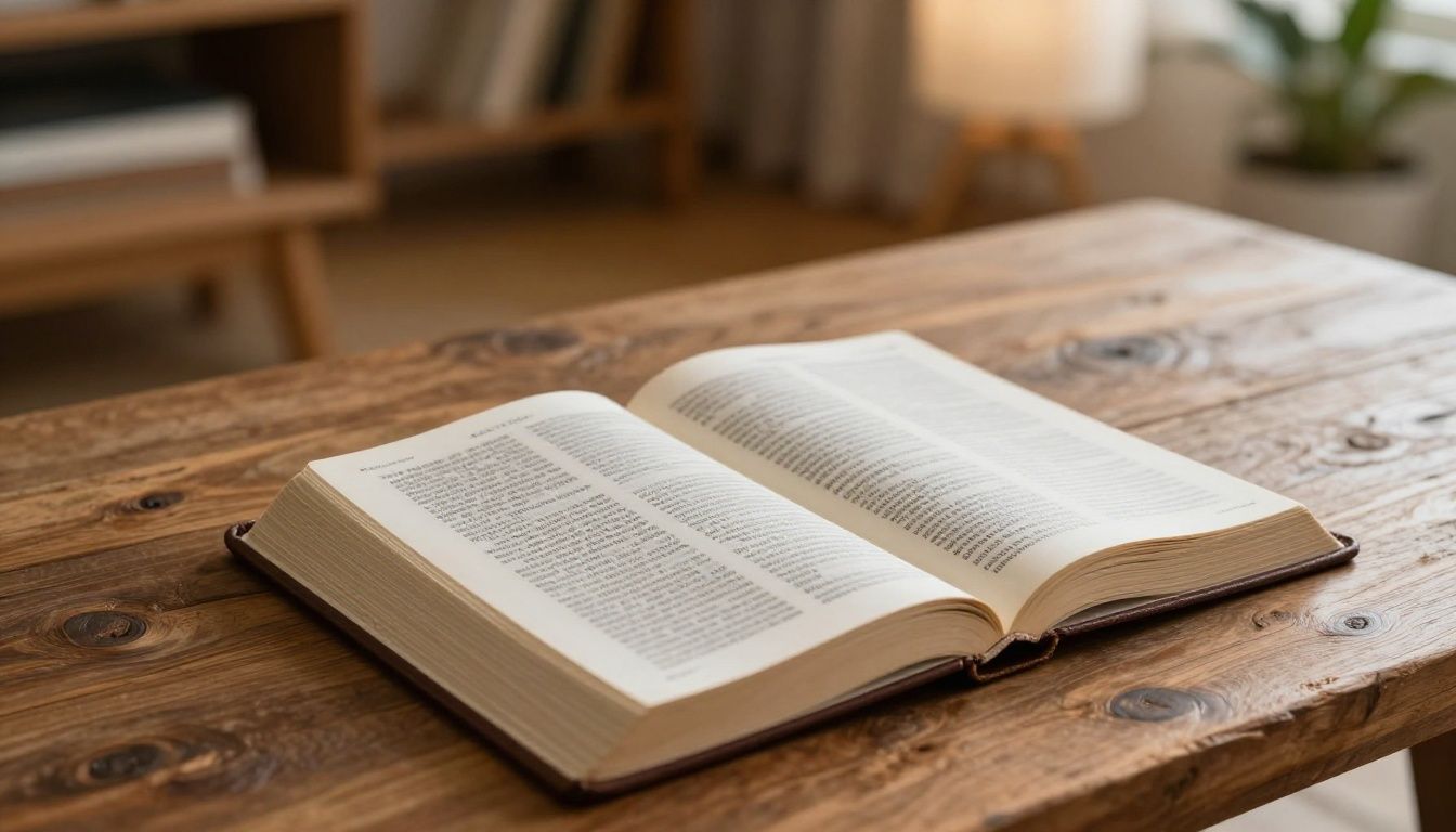 A warm, natural light photograph of an open Bible resting on a rustic wooden coffee table next to a quiet, cozy reading space, representing reflection and inner peace.