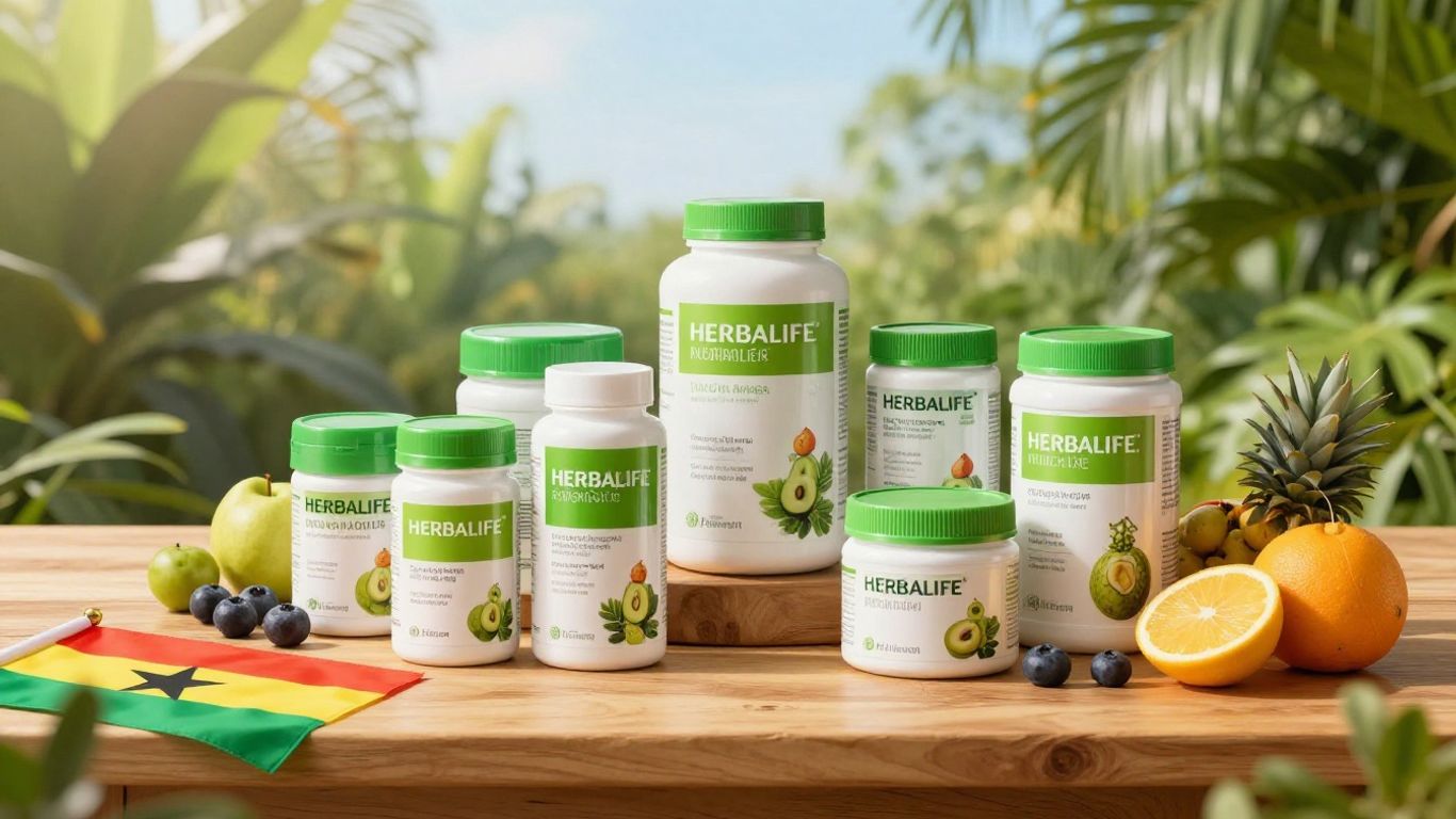 Herbalife products with Ghanaian flag and fresh fruits