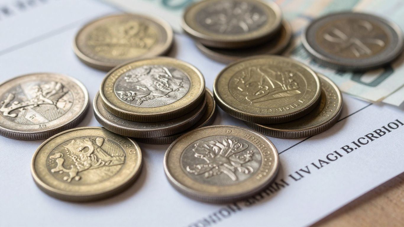 Coins and banknotes with a loan document.