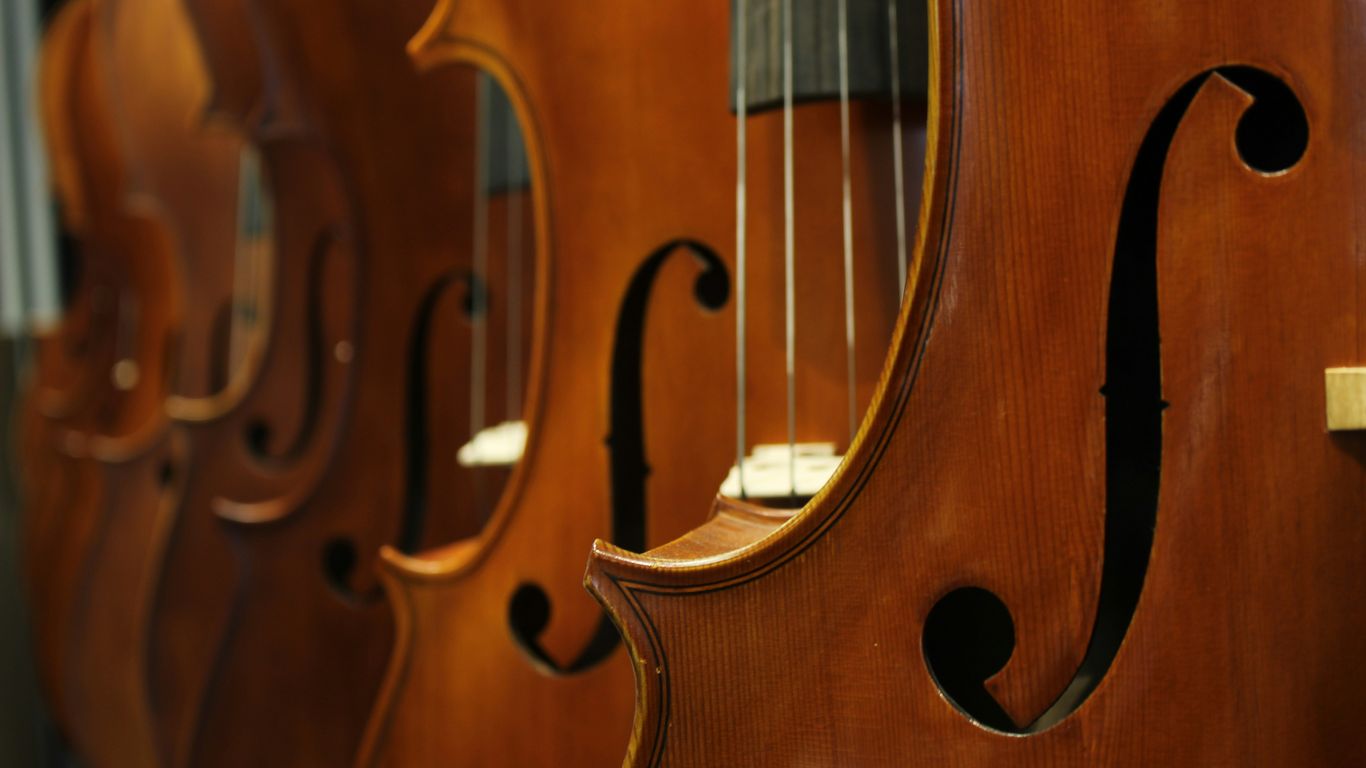 Violins secured inside protective cases