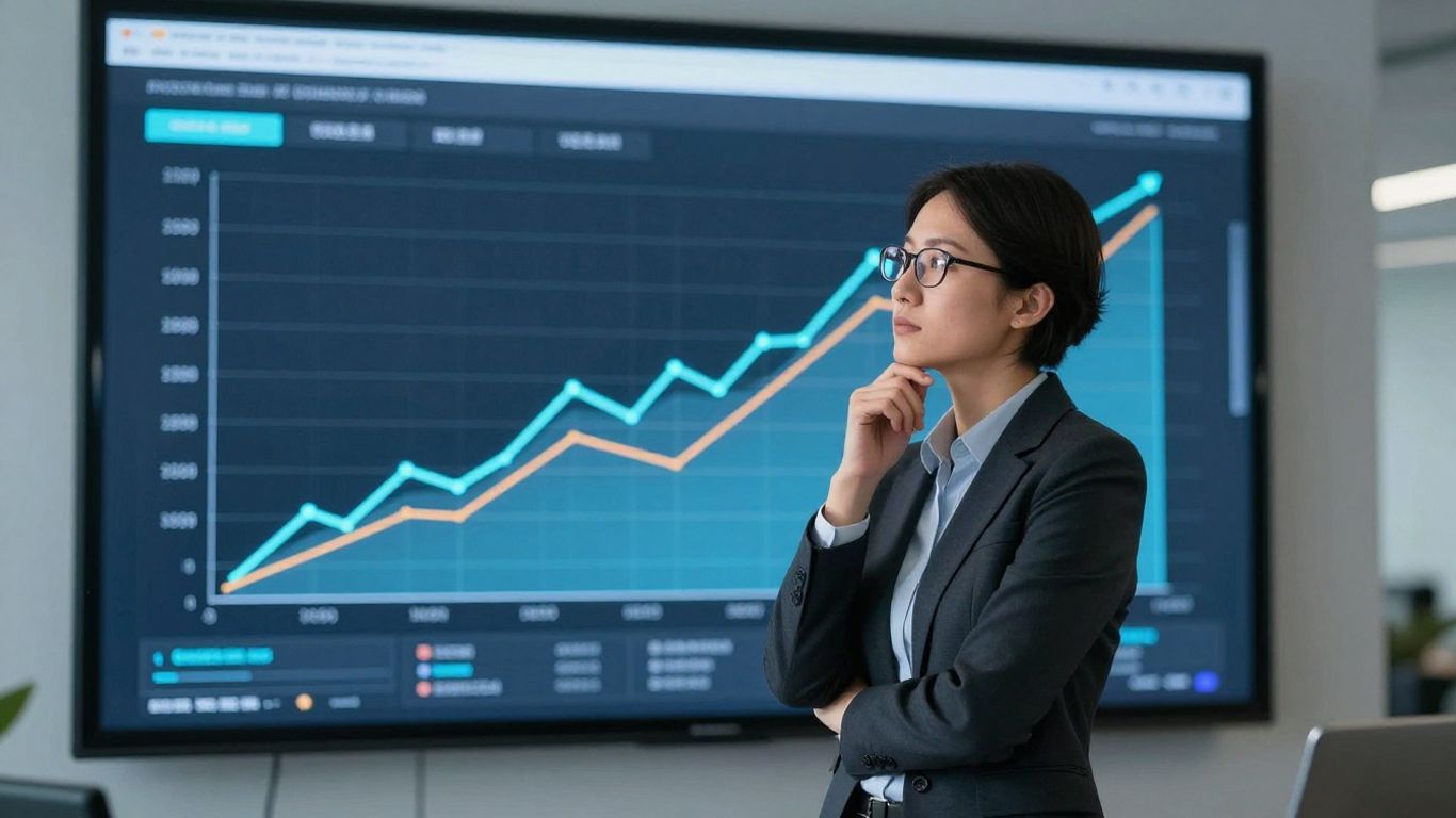 CRO reviewing growth metrics on a digital display.