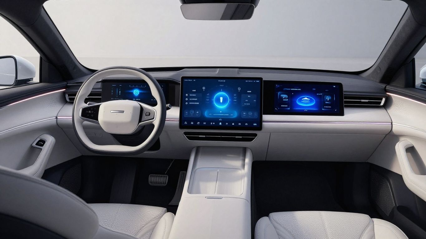 Futuristisches Auto-Interieur mit holografischen Displays und minimalistischem Design.