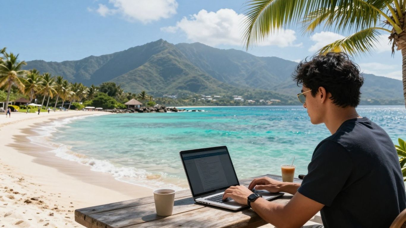 Laptop on beach, mountains in distance, remote work.