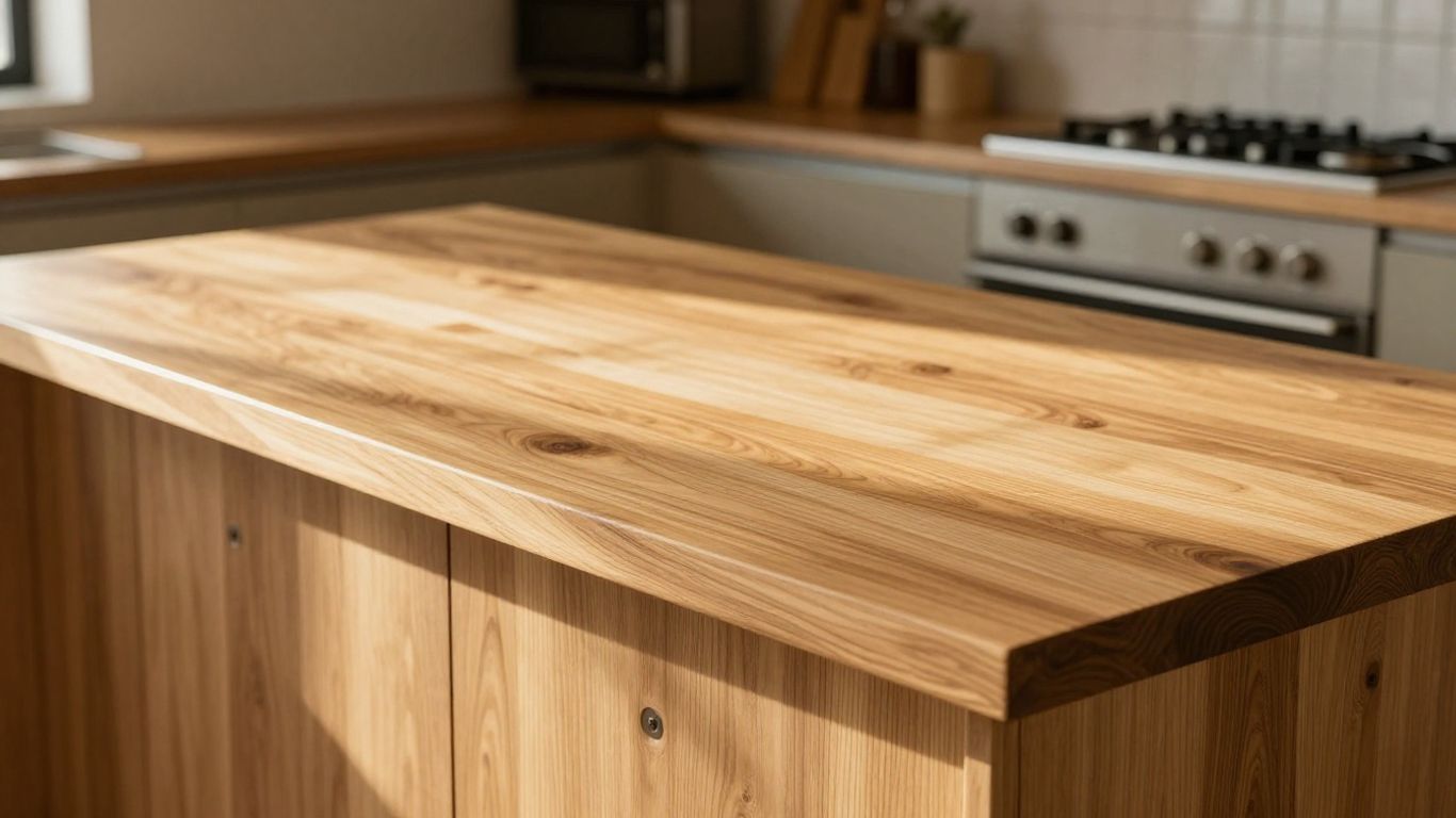 Elegant oak countertop in a sunlit kitchen setting.