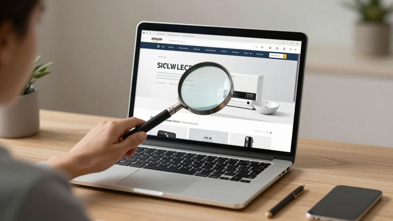 Laptop showing Amazon listing with magnifying glass.