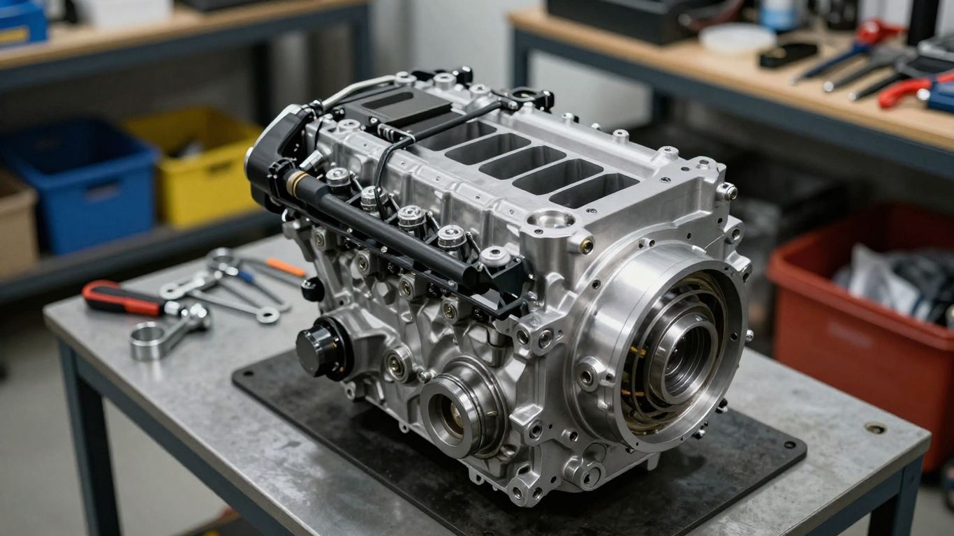 Close-up of a clean Subaru engine in a workshop.