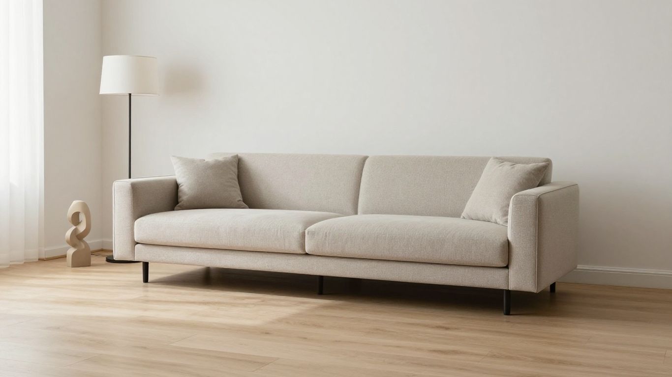 Modern minimalist living room with natural light and clean lines.