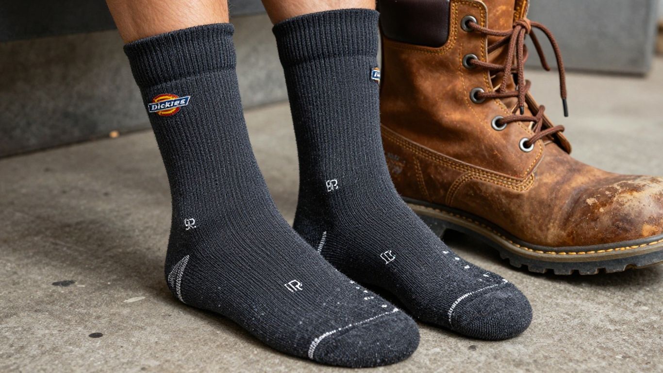 Dickies crew socks and Carhartt work boot detail.