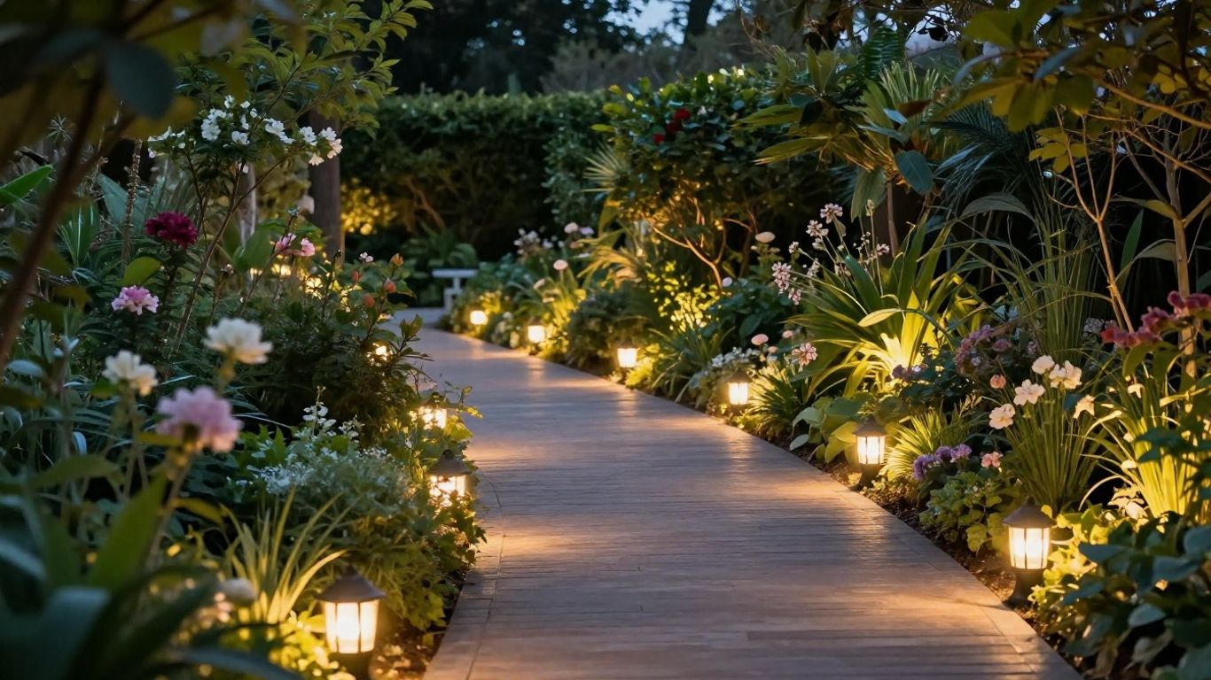 Illuminated garden path with low voltage lights at dusk.