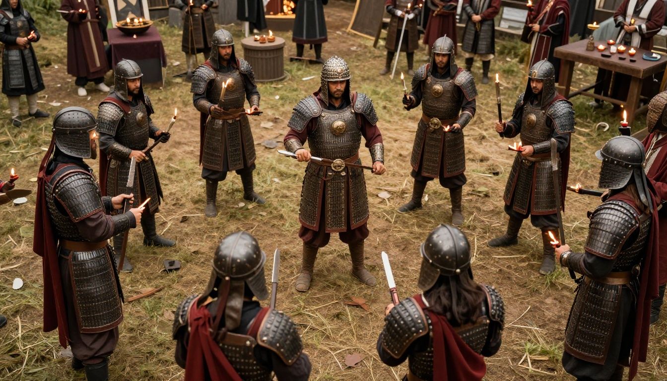 Um jogador equipado com armaduras brilhantes montando estratégias de combate em um campo de batalha repleto de tochas e plataformas