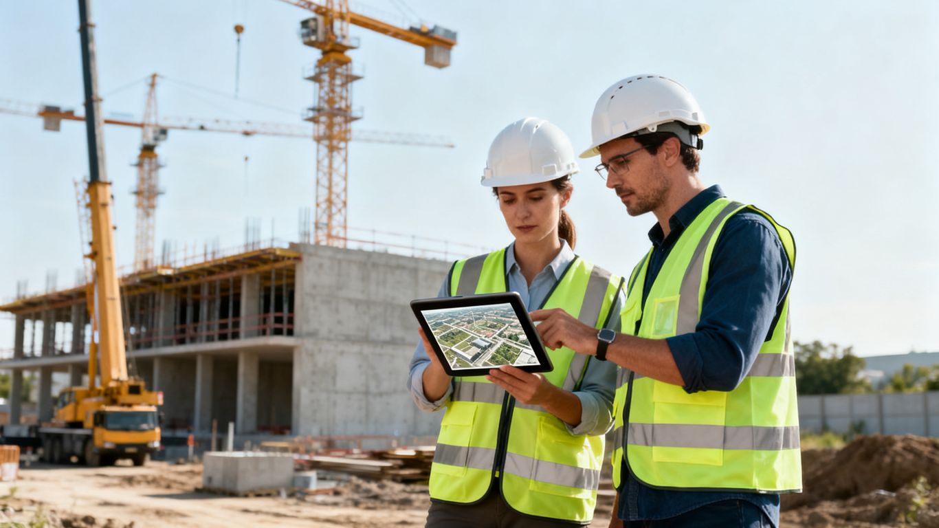 Construction manager reviewing aerial site imagery